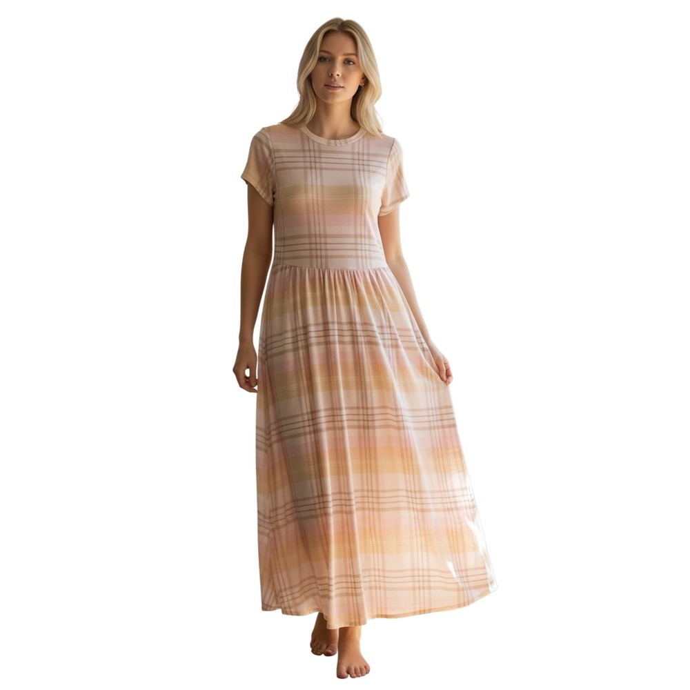AUW Womens Pink Orange Plaid Mesh Short Sleeve Maxi Dress Large Sheer Layered